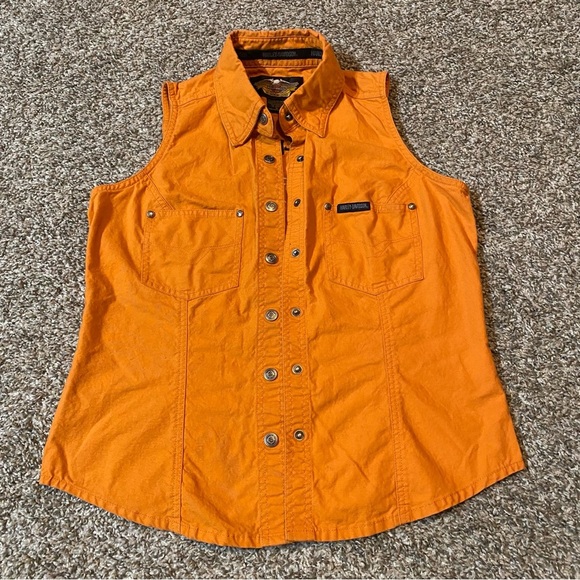 HARLEY DAVIDSON Moto Sleeveless Orange Button Down Shirt Size Small - Picture 11 of 11